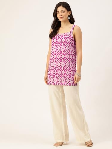 Image of feranoid Women's Printed Sleeveless Short Kurti with Stylish Neck, Backless Design & Side Slits (XS-XL)