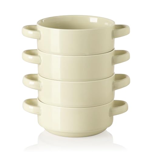 Image of Sweejar Ceramic Soup Bowls with Double Handles, 20 Oz Stacked Bowls for French Onion Soup, Cereal, Pot Pies, Stew, Chill, Pasta, Set of 4(Beige)