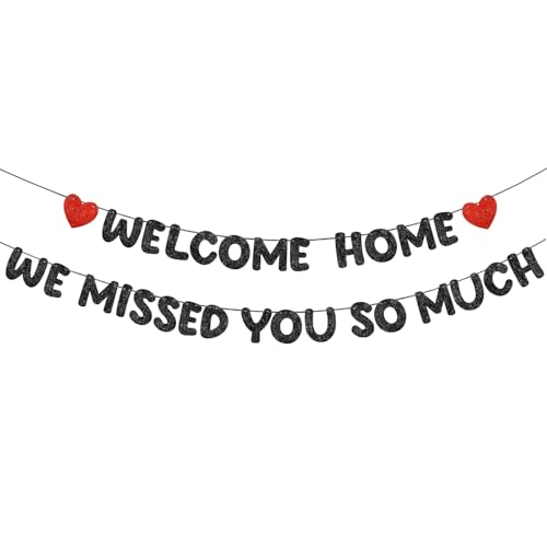 Fulmoon Pre Strung Welcome Home We Missed You So Much Banner Glitter Welcome Home Sign for Party Decorations Military Army Returning Homecoming Family(Black Red)