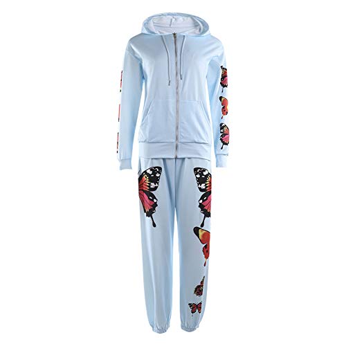 Womens Jogger Outfit Zip Up Hooded Butterfly Sweatshirt and Drawstring Sweatpants 2 Piece Sports Sets Autumn Winter Tracksuit (Blue, M)