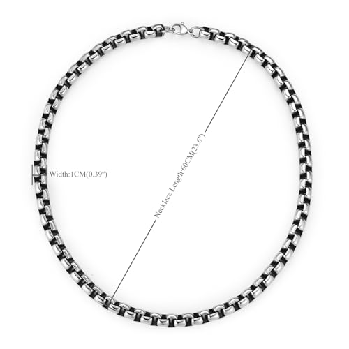 Mens Stainless Steel 10MM Chunky Box Chain Necklace, Silver Color Heavy Duty and Sturdy Link Chain Necklace for Men, Hip Hop Punk Rock Style3