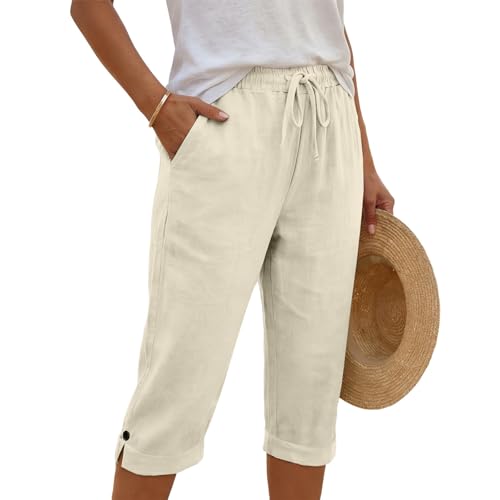 Pantalones capri para mujer de algodón y lino rectos 7