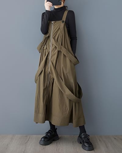 ellazhu Women's Pants Tank Zip Up Solid Two Side Pockets Flowy Hem Casual Loose Oversize GZ3882