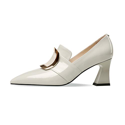 TinaCus Glossy Patent Leather Women's Handmade Pointed Toe Spool Heel Golden Square Pattern Decor Slip On Loafer Pumps2