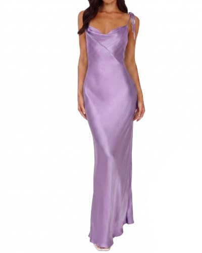 Image of 2026 Satin Cowl Neck Spaghetti Strap Maxi Dress for Women Bridesmaid | Silk,Tie Strap,Slip,Slit,Midi,Wedding Guest,Graduation,Elegant,Cocktail,Vacation,Party