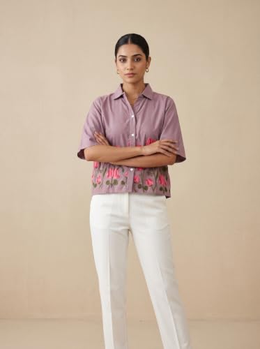 Image of Stylish Women's Embroidered Shirts | Geometric Pattern Half Sleeve Collared Button-Up Casual Shirt for Women