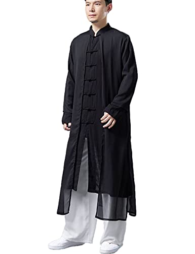 Men's Trench Coat Long Tang Suit Kung Fu Cotton Linen Robe Chinese Style Fake Two Piece Jackets Solid Color