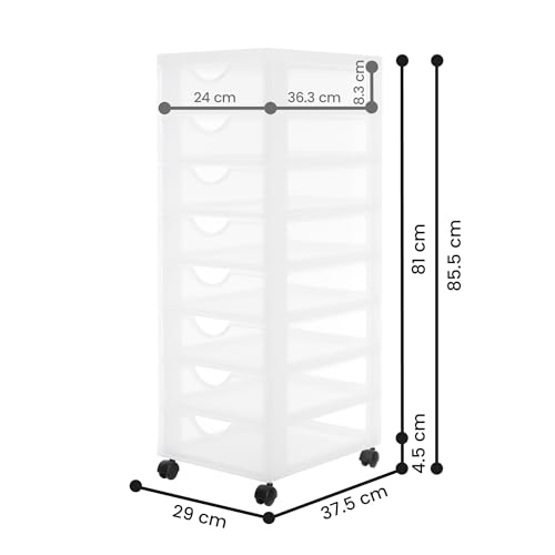 Iris Ohyama Unidad de almacenamiento de plástico con ruedas y 8 cajones superficiales, Blanco, asas de fácil extracción, multiusos, A4, A5, para oficina, hogar, escuela, Torre, Organizador, DDDC-380 - imagen 3