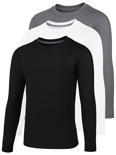 HXP Boys Compression Thermal Shirt Youth Long Sleeve Fleece Undershirts Kids Football Baseball Soccer Base Layer Color D XL Black, White, Gray