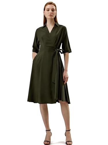 LilySilk Damen Seiden-Wrap-Kleid Frauen 18MM Maulbeerseiden-Wickelkleid mit halben Ärmeln und Schirmsaum für Freizeit oder Arbeit(Olivgrün,XS)