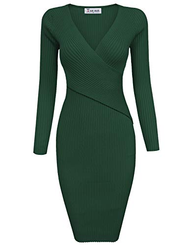 TAM WARE Womens Stylish Surplice Wrap Bodycon Knit Midi Dress TWCWD157-HUNTERGREEN-S