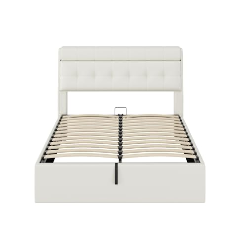 Gxffipw Doppelbett Polsterbett 140x200 cm mit Verdeckter Stauraum am Kopfteil, Hydraulisches Bett mit Stauraum, Jugendbett Stauraumbett Bettgestell mit Lattenrost, PU, Weiß, Ohne Matratze