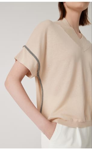 V-Neck Linen Blend Short Sleeve Sweater, Metallic Trim Detail, Relaxed Fit, BY4511177 (US, Alpha, Small, Regular, Regular, Khaki)3