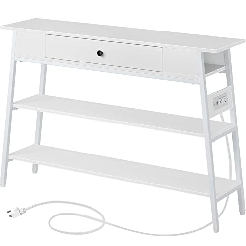 Rolanstar Entryway Table with Outlets and USB Ports, 47” Console Table with Drawers, Sofa Table Narrow Long with Storage Shelves for Living Room, Couch, Hallway, Foyer, Kitchen Counter, White