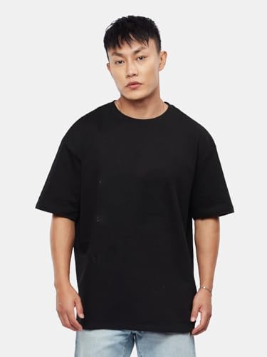 Image of crazymonk Oversized Baggy Fit Drop Shoulder Half Sleeves Round Neck Solid Pure Cotton T-Shirt for Men