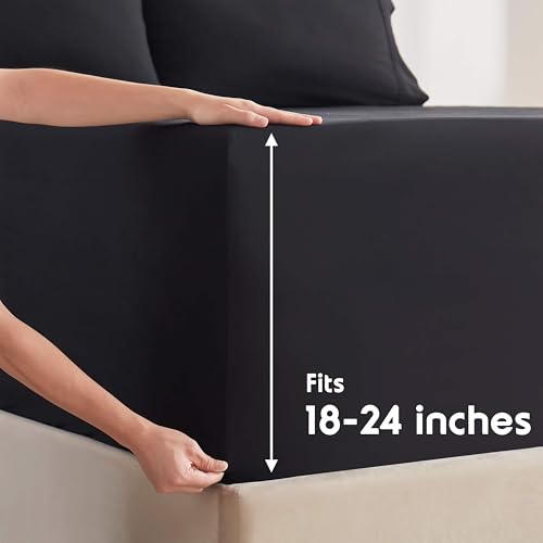 Image of Nestl Extra Deep Full Sheet Set - 6 Piece Breathable & Cooling Sheets - Hotel Luxury Bedding Set w /18-24 Inch Deep Pockets - Easy & Secure Fit - Super Soft, Wrinkle Free & Comfy - Black