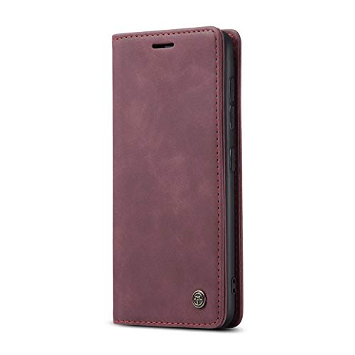Arlgseln Magnetic Cell Phone Holster Genuine Leather Business Wallet Case+RFID Blocking Card Slot Pocket Protection for Samsung Galaxy A42 5G 2020 Release (Wine Red)