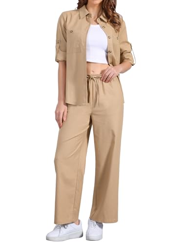 Allegra K Womens Linen Pant Set 2 Piece Lounge Summer Outfits Button Down Shirt Wide Leg Pant Cotton Matching Pantsuits X-Large Khaki