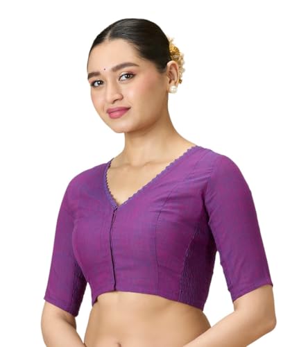 Image of Studio Shringaar Women's Handloom Cotton Side Stretchable (Smocked) Readymade Saree Blouse with Crochet Neckline