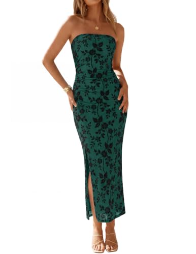 ZESICA Womens Summer Strapless Floral Bodycon Ruched Slit Maxi Formal Dress