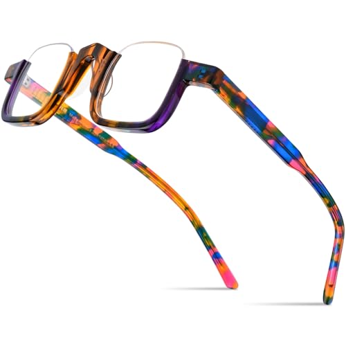 Image of HEPIDEM Matte Multicolor Acetate Glasses Frame Women,Semi Rimless Round Optical Eyeglasses