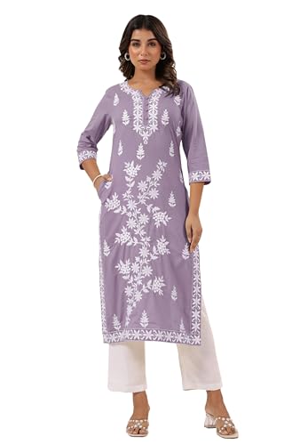 Image of Janasya Women's Pure Cotton Embroidered Straight Kurta