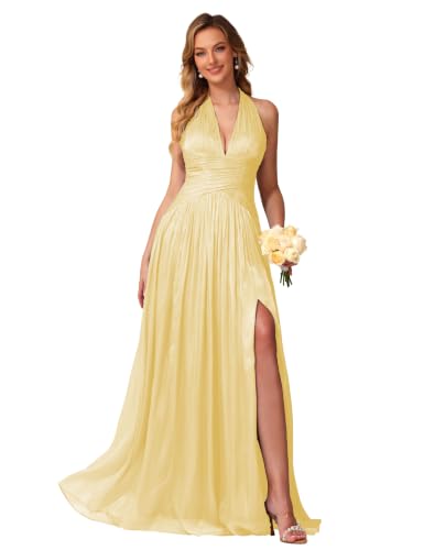 Image of Shimmer Chiffon Bridesmaid Dresses for Women Long | Deep V Neck,Pleated,Knotted,Empire Waist,with Slit,Breathable,Lightweight,Flowy,Formal Evening Dress