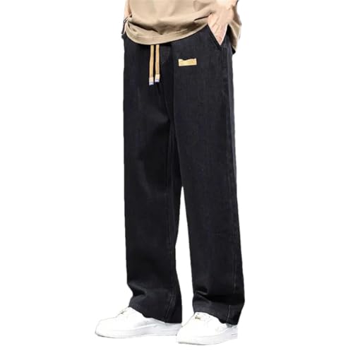 Men's Straight Leg Loose Elastic Waist Drawstring Casual Denim Pants Simple Solid Color Denim