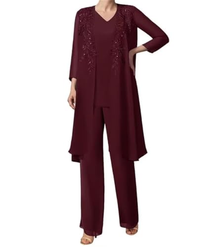 Mother of The Bride Lace Applique V Collar 3Pcs Women's Gentle Chiffon Pants Suits Wedding Party Outfit Evening Dress