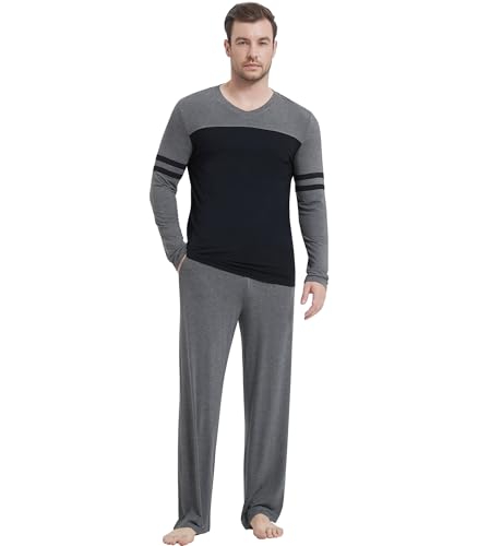 Image of NACHILA Mens Pajamas Set Viscose Made from Bamboo V Neck Top Sleep Pants | Elastic Waist with Drawstring,Soft ,Tagless Comfort,Moisture Wicking,All season Loungewear Set, Jogger Sweatpant,Match set
