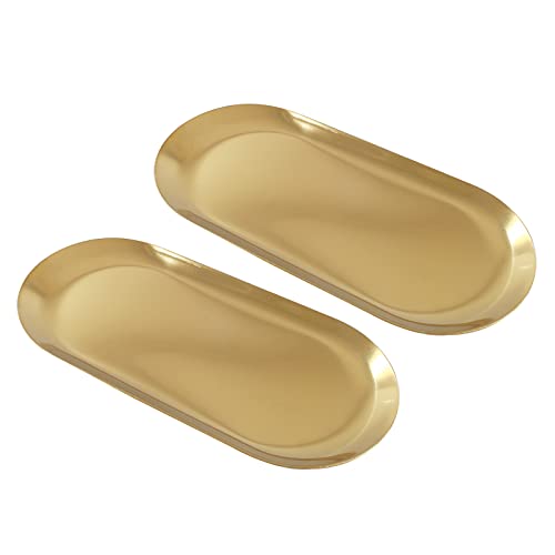 Hitefu 2 Pack Stainless Steel Decorative Tray, 7 Inch Long, Trinket Storage Tray Jewelry Dish Cosmetics Organizer for Bathroom Candle Perfume Serving Platter, Oval, Gold