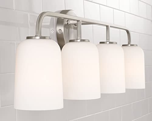 Image of HomePlace Lighting 148841BN-542 Lawson Transitional Soft White Glass Bell Vanity Light for Bathroom, 4-Light 400 Total Watts, 10 inch H x 32 inch W, Brushed /Satin Nickel