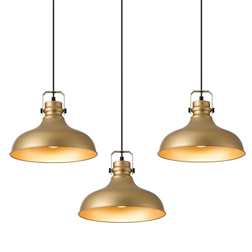 Image of Gold Modern Pendant Lights Kitchen Island Fixtures | ETL Certificate,Industrial Adjustable Height Vintage Dome Hanging Light Fixtures for Barn,Dining Room 3 Pack