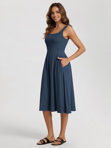 Image of ODODOS Square Neck Midi Dress with Pockets for Women Summer Casual Sleeveless Sundress Flare Tank Dress