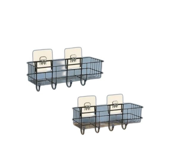 (Pack of 2) Steel Self-Adhesive Multipurpose Bathroom Shelf with Hooks/Towel Holder/Rack/Bathroom Accessories - Wall Mount - Pack of 2 (Black,Powder Coated)|BHR-P2469