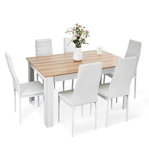 Dining Table and Chairs Set 6, 7 Pieces Kitchen Table Set with High Back Faux Leather Chair for Dining Room Kitchen Rectangular Modern (Oak Table White Chairs)