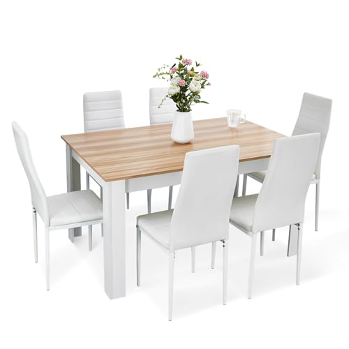 Dining Table and Chairs Set 6, 7 Pieces Kitchen Table Set with High Back Faux Leather Chair for Dining Room Kitchen Rectangular Modern (Oak Table White Chairs)