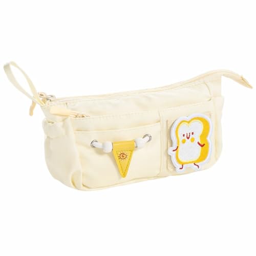 Image of Canvas School Bag Pencil Case, 3 Layer 6 Compartment Large Capacity, Aesthetic Pencil Pouch for Stationary, Cute Stationery for Kids, Pencil Case for Girls & Boys (Cream)