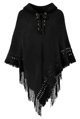 Rayson Poncho Damen Elegant Warm Winter mit Kapuze Solid Color Strick Ponchos Capes für Damen mit Fringes Poncho Schal Damen Gestrickt Verstellbarer Kragen(Schwarz,One Size)