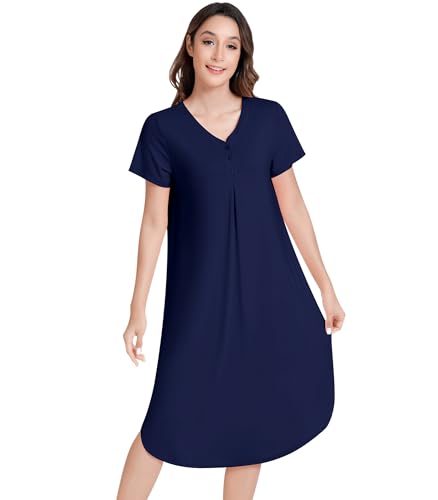 Image of NACHILA Bamboo Viscose Nightgowns for Women Short Sleeve V Neck Sleepwear