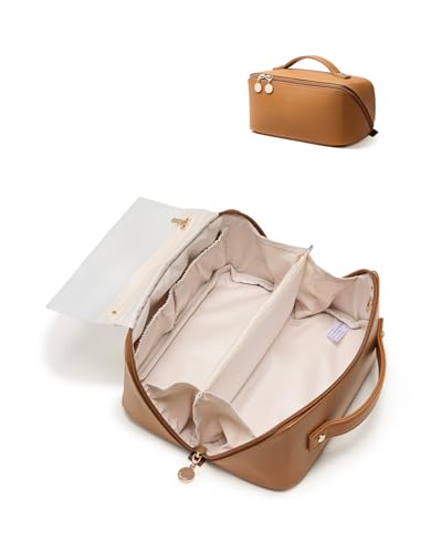 Image of EACHY Travel Makeup Bag, Large Capacity Cosmetic Bag for Women, Waterproof PU Leather, Flat Open Portable Toiletry Bag for Skincare, Brushes & Travel Essentials