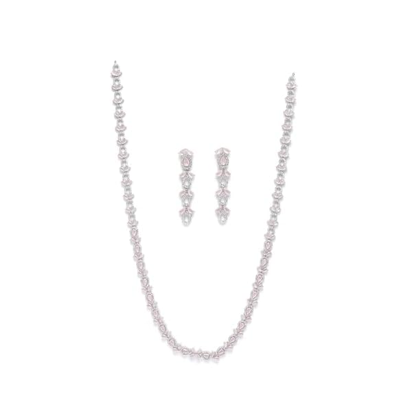 ZENEME Rhodium-Plated Silver Toned Leaf American Diamond Studded Long Necklace Earrings Jewellery Set for Girls and Women