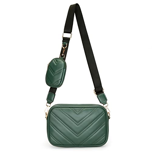 Image of Herald Chevron Quilted Small Crossbody Bag with Coin Purse Pouch, Women Square Camera Side Shoulder 2 Size Handbags (Green)