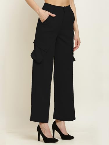Image of Fashion Women's Casual Cargo Pants Flared High Waist Relaxed Fit Stretchable Parallel Trousers