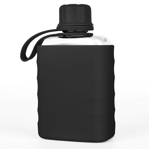 IDIDG Small Flask Cantimplora pequeña moderna con funda de silicona, botella portátil de viaje transparente de plástico Tritan sin BPA, 8.2 oz, color negro