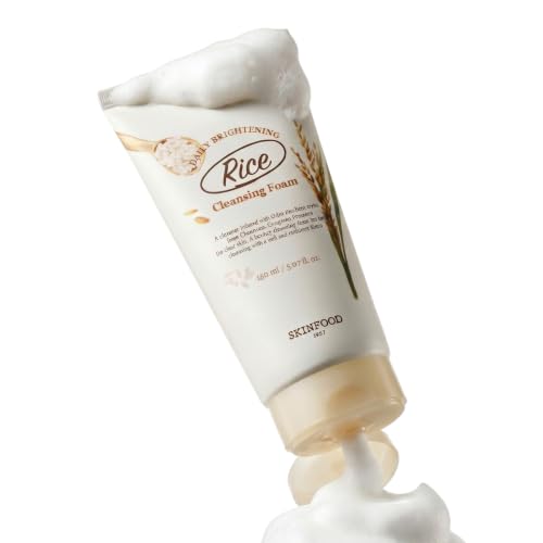 SKINFOOD Rice Daily Cleansing Foam 150ml - Delicate Fine and Smooth Brightening Cleansing with Fermented White Rice Ingredients - Firming Bubble Facial Foam Cleanser - For Men and Women (5.07 fl. oz.)