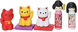 Japanese Iwako Maneki Neko & Kokeshi Eraser Set