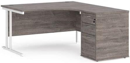 Office Monster Cooper right hand ergonomic desk 1400mm with white cantilever frame and desk high pedestal - grey oak