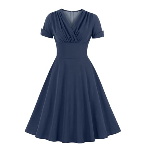 Wellwits Damen Kleid mit Rüschen, Wickelkleid, Cocktailkleid, Vintage-Kleid, dunkelblau, 46-48
