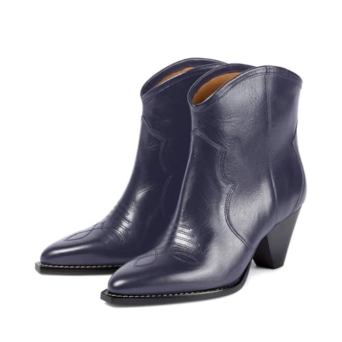 anteikira Women's Pointed Toe Ankle Boots Low Heel Pull On Embroidered Western Ankle Boots Cowgirl Booties for Women Size 5.5-12US